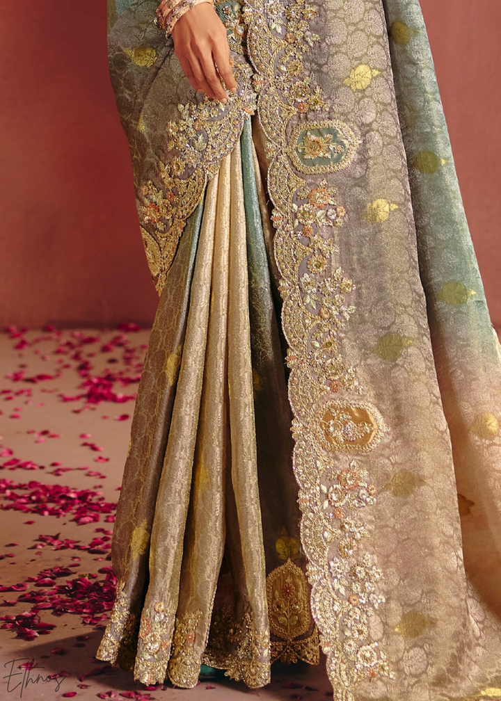 Greyish Beige Floral Resham Silk Saree