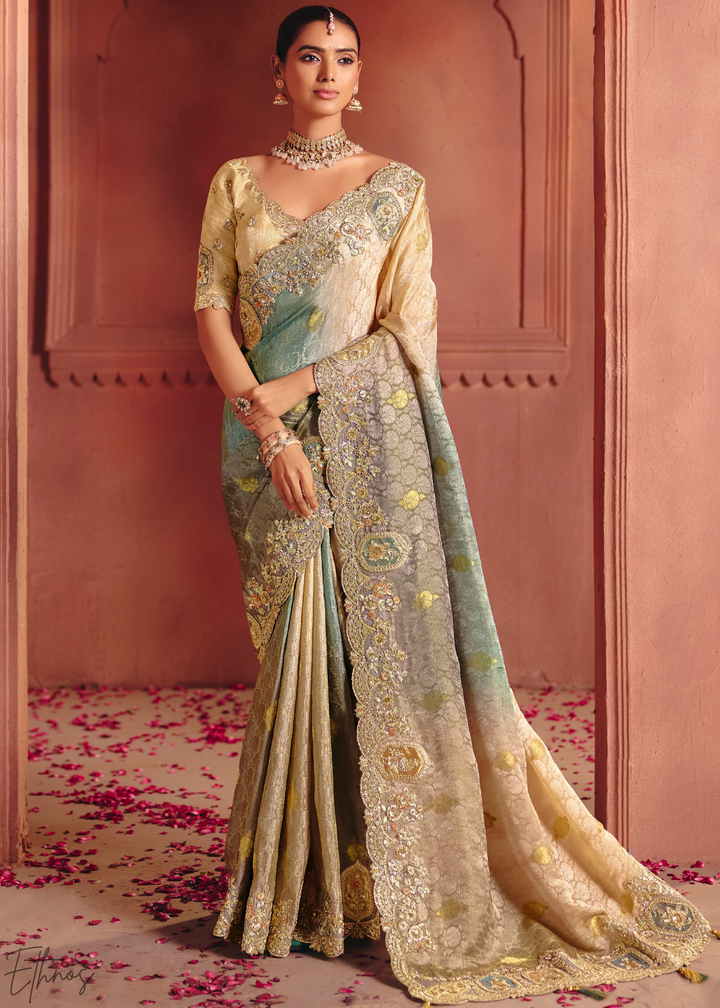 Greyish Beige Floral Resham Silk Saree