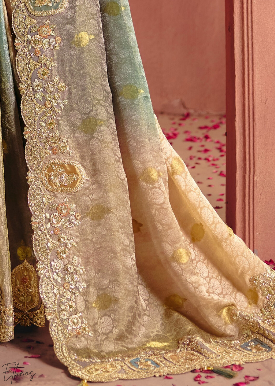 Greyish Beige Floral Resham Silk Saree