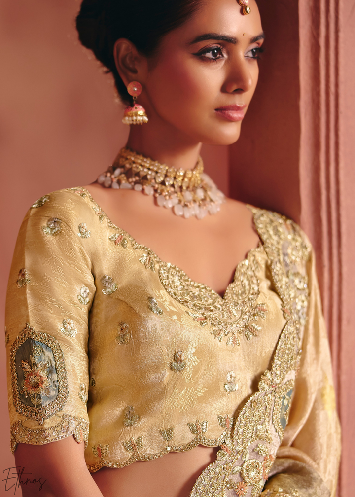 Greyish Beige Floral Resham Silk Saree