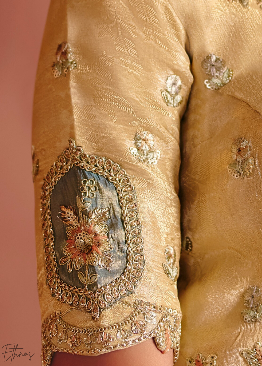 Greyish Beige Floral Resham Silk Saree