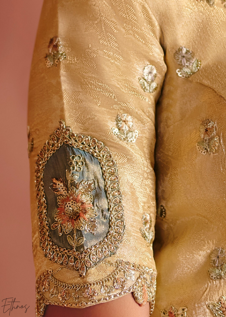 Greyish Beige Floral Resham Silk Saree