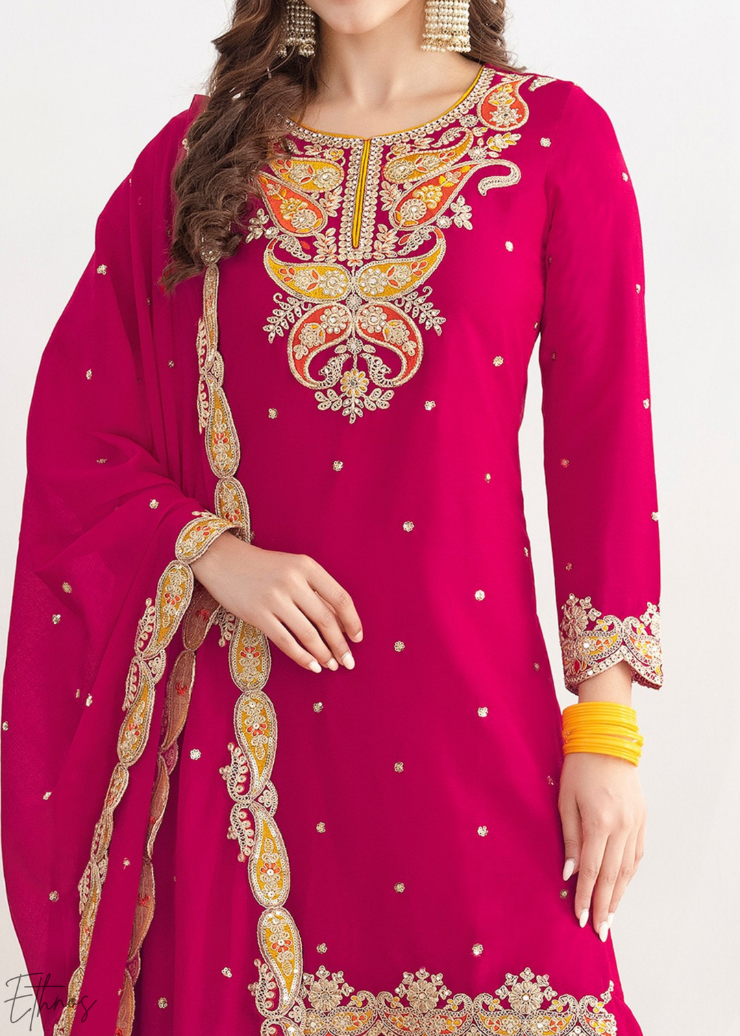 Hot Pink Appliqué Chinon Sharara Suit