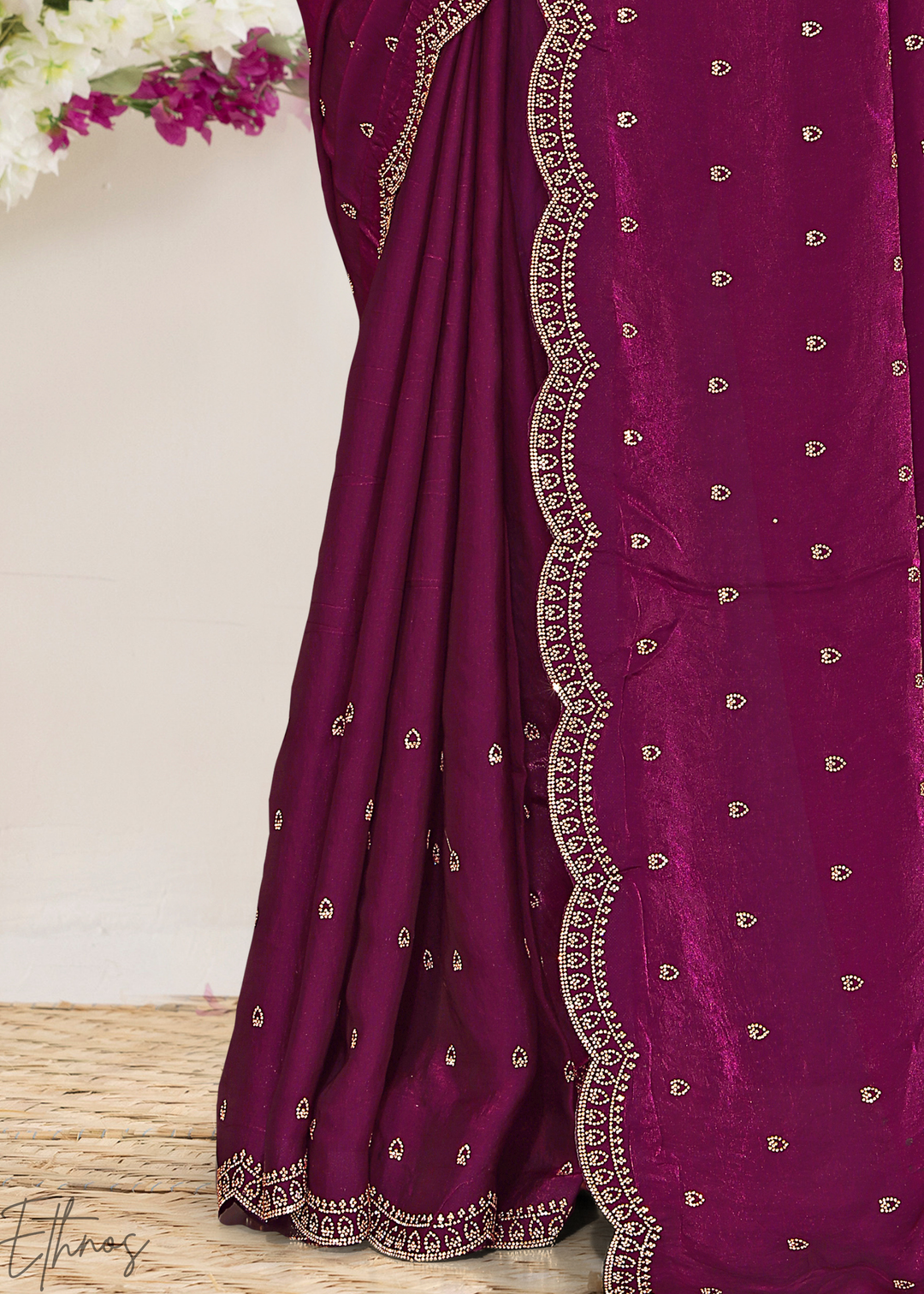 Hibiscus Berry Scallop Stippled Satin Silk Saree