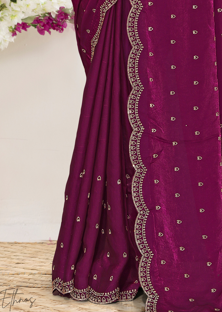 Hibiscus Berry Scallop Stippled Satin Silk Saree