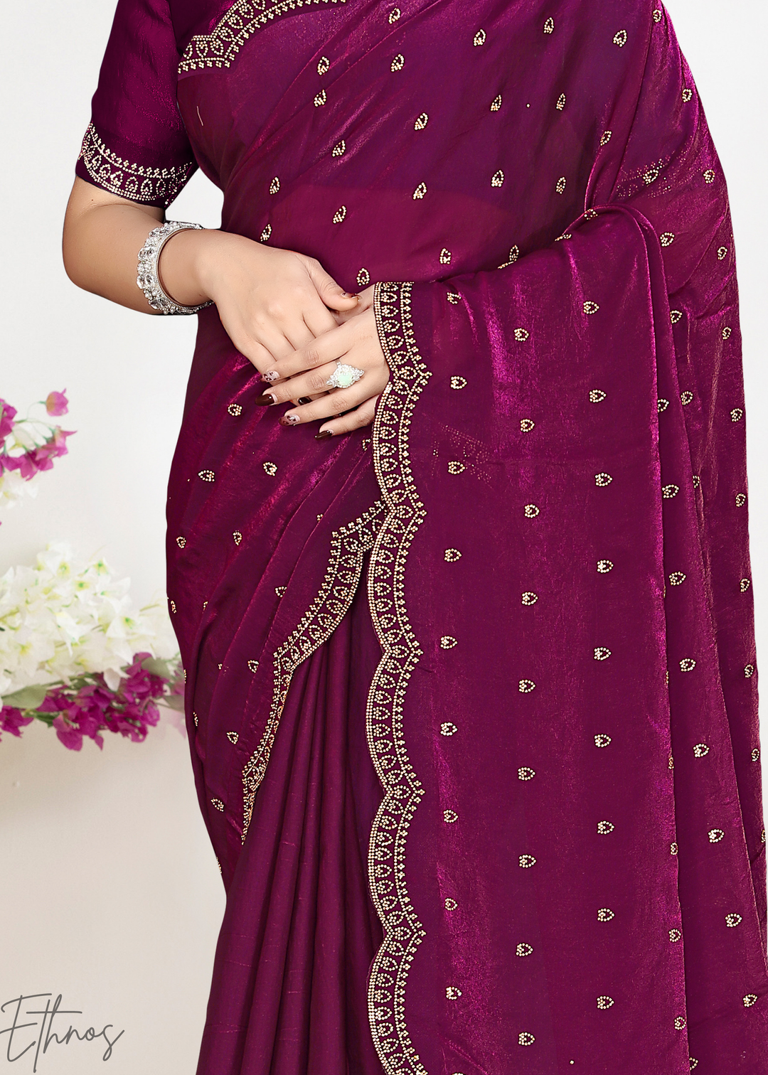 Hibiscus Berry Scallop Stippled Satin Silk Saree