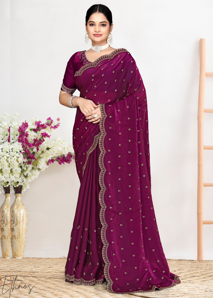 Hibiscus Berry Scallop Stippled Satin Silk Saree