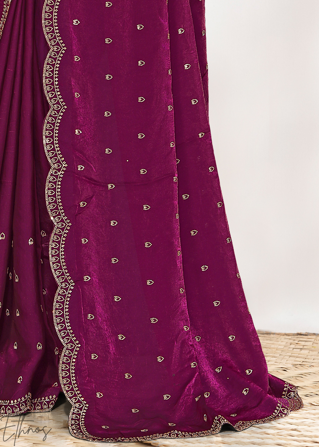 Hibiscus Berry Scallop Stippled Satin Silk Saree
