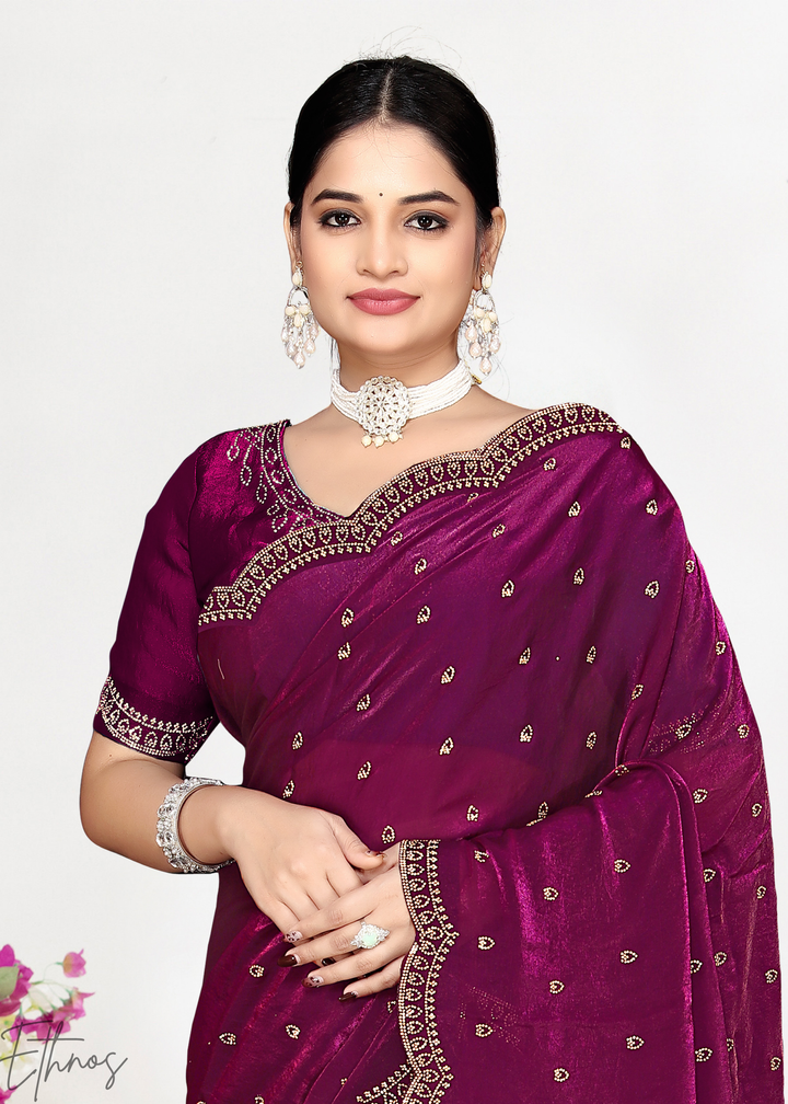 Hibiscus Berry Scallop Stippled Satin Silk Saree