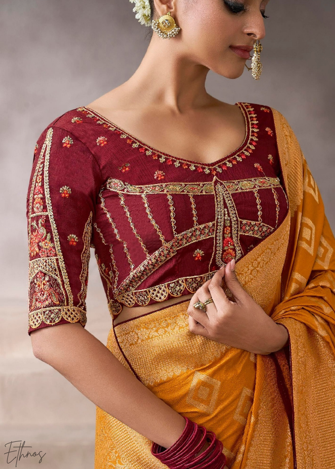 Honey-Lattice Jacquard Crepe Silk Saree
