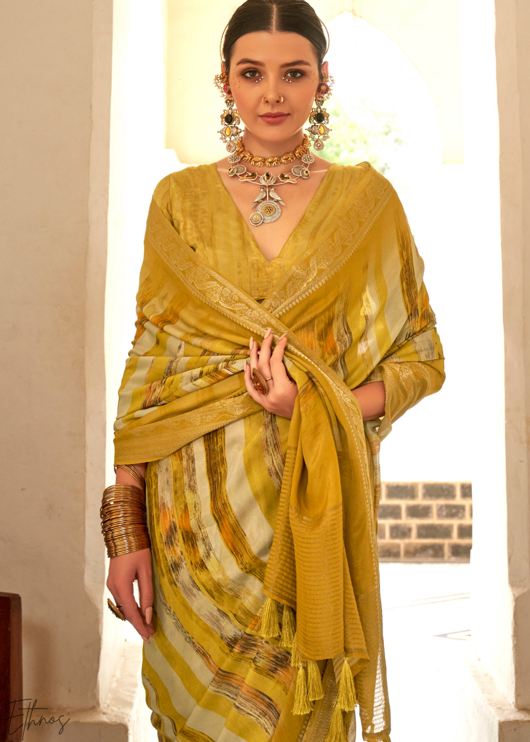 Honey Gold Striped Jacquard HO Silk Saree