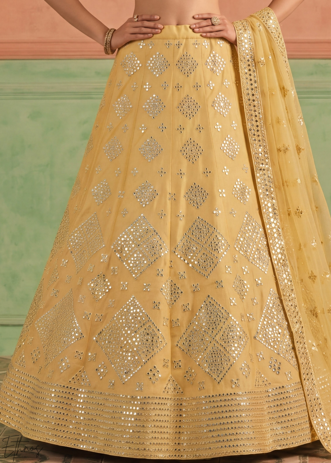 Honey Mustard Diamond Mirror Embellished Organza Lehenga Choli