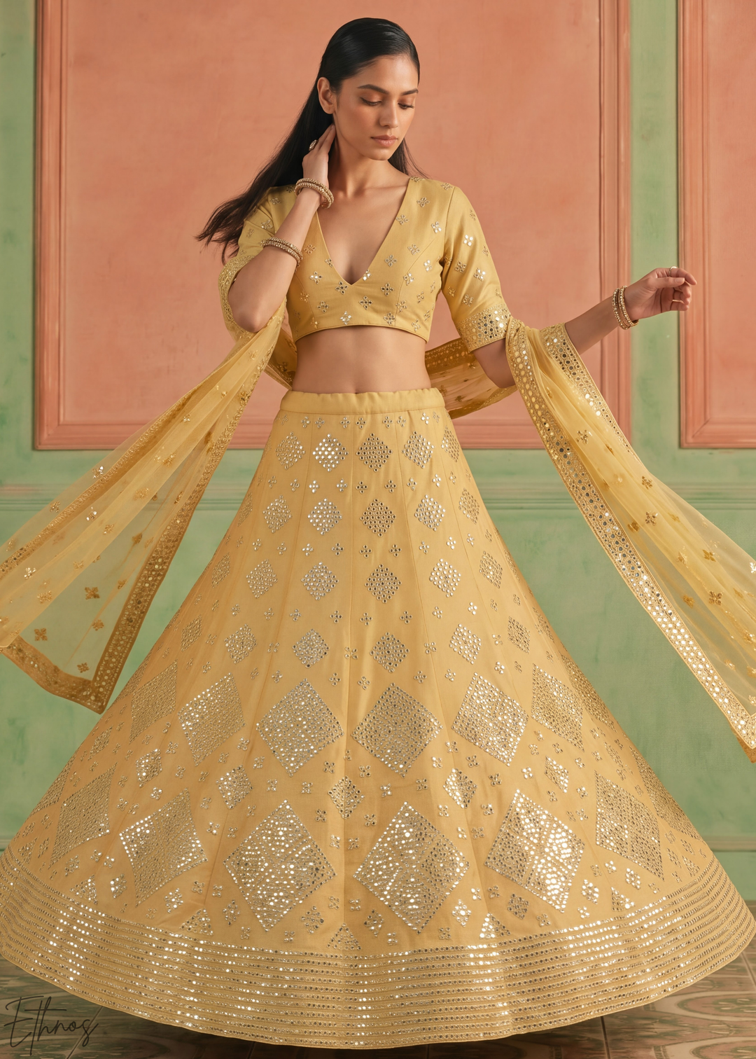 Honey Mustard Diamond Mirror Embellished Organza Lehenga Choli