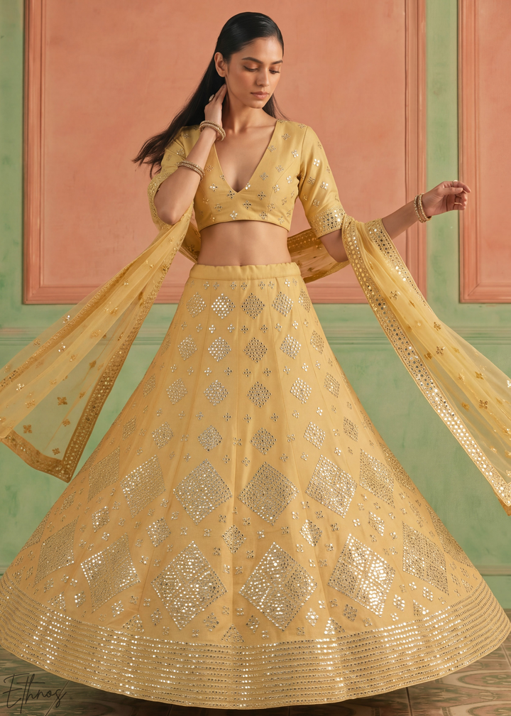 Honey Mustard Diamond Mirror Embellished Organza Lehenga Choli