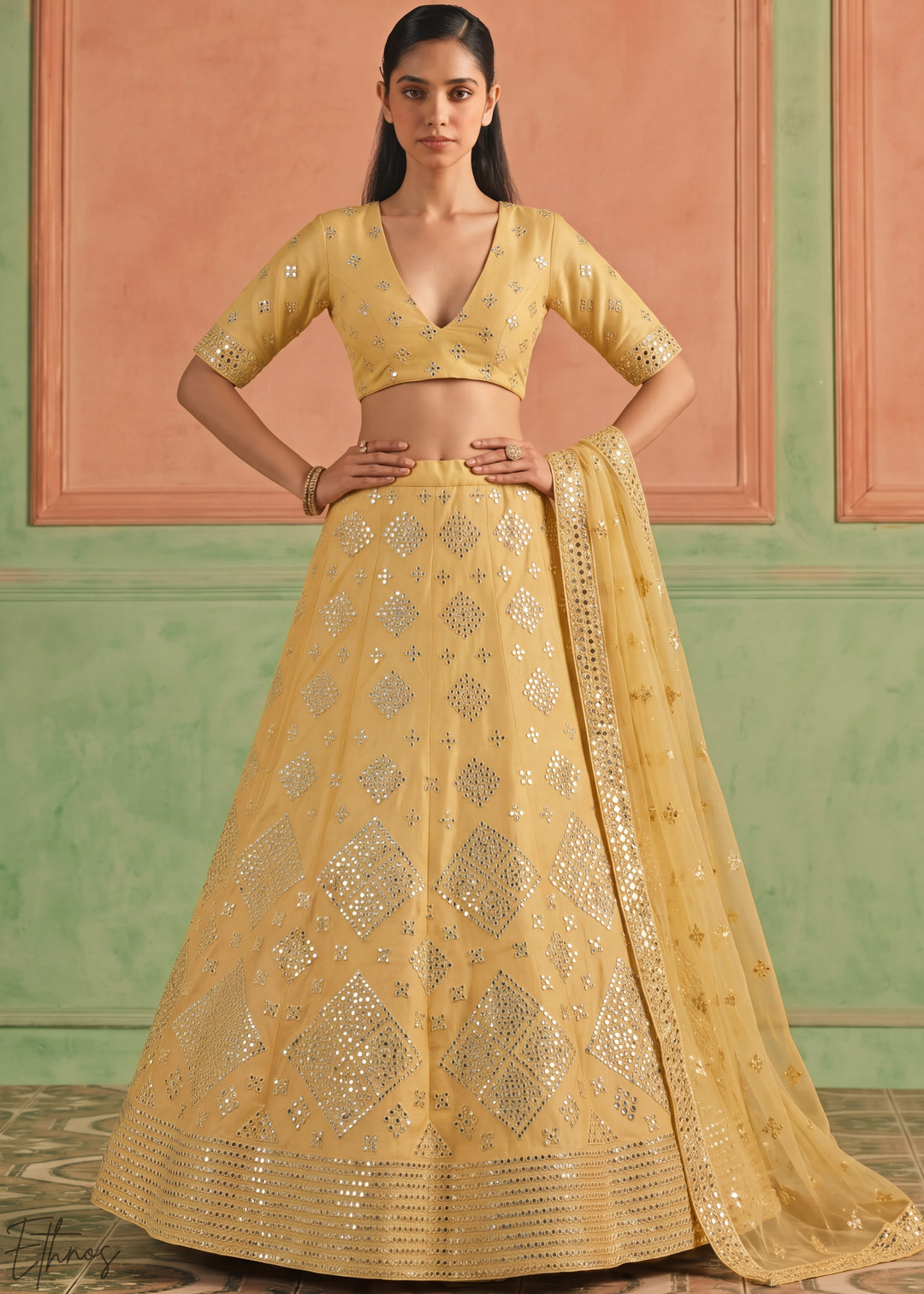 Honey Mustard Diamond Mirror Embellished Organza Lehenga Choli