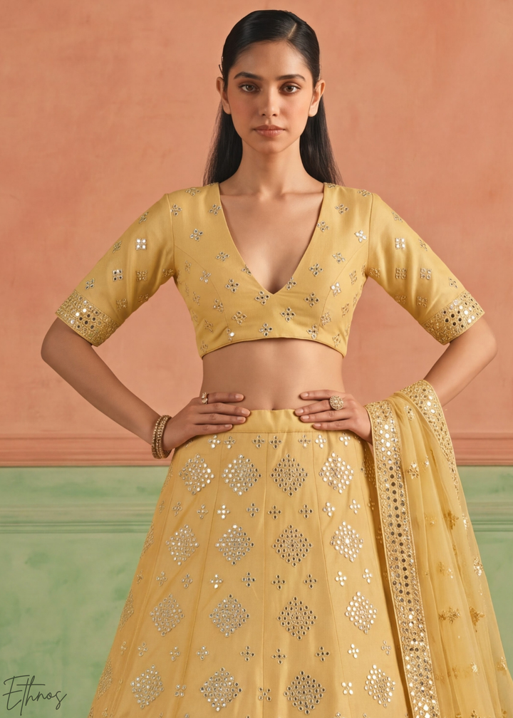 Honey Mustard Diamond Mirror Embellished Organza Lehenga Choli