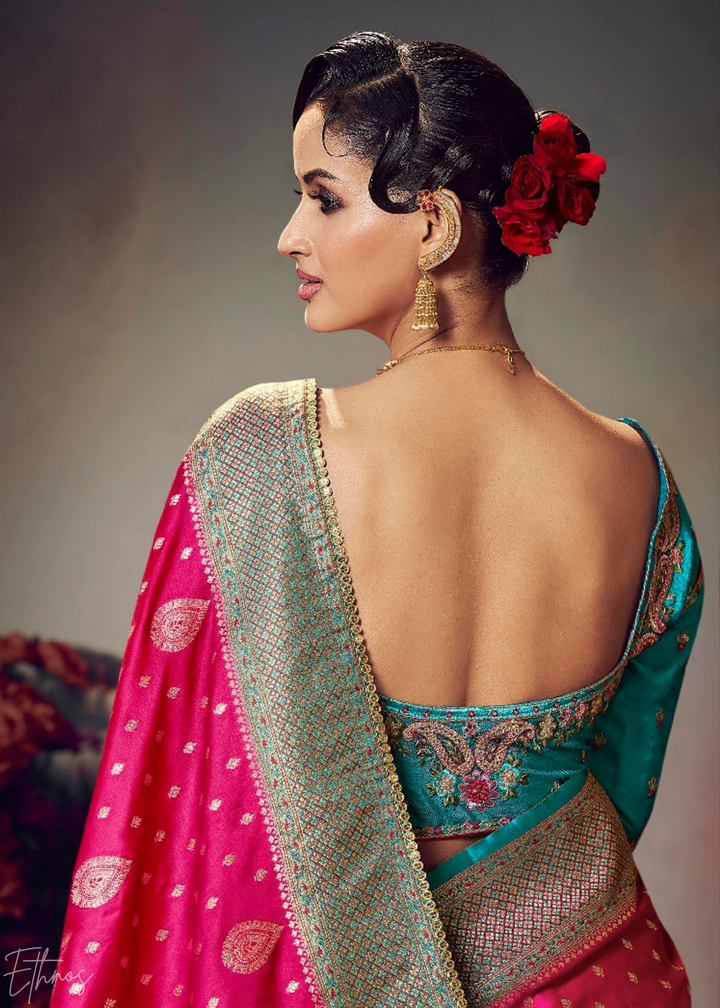 Hot Pink Allover Floral Brocade Satin Silk Saree