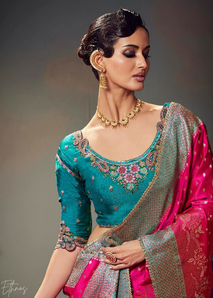 Hot Pink Allover Floral Brocade Satin Silk Saree