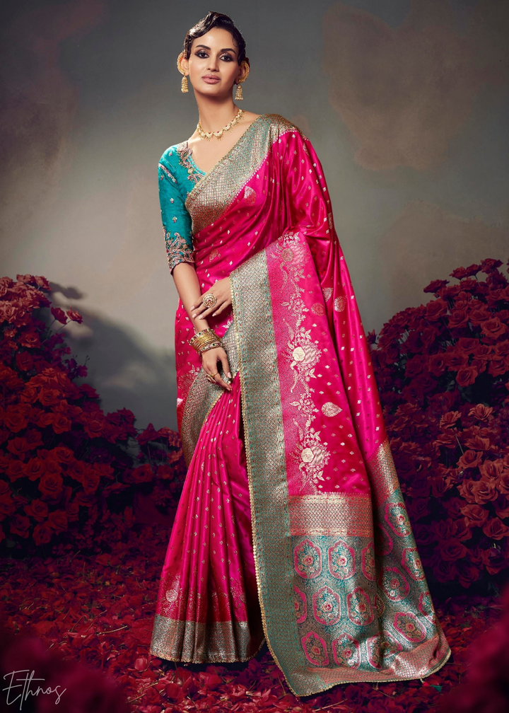 Hot Pink Allover Floral Brocade Satin Silk Saree