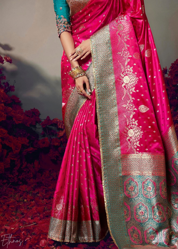 Hot Pink Allover Floral Brocade Satin Silk Saree