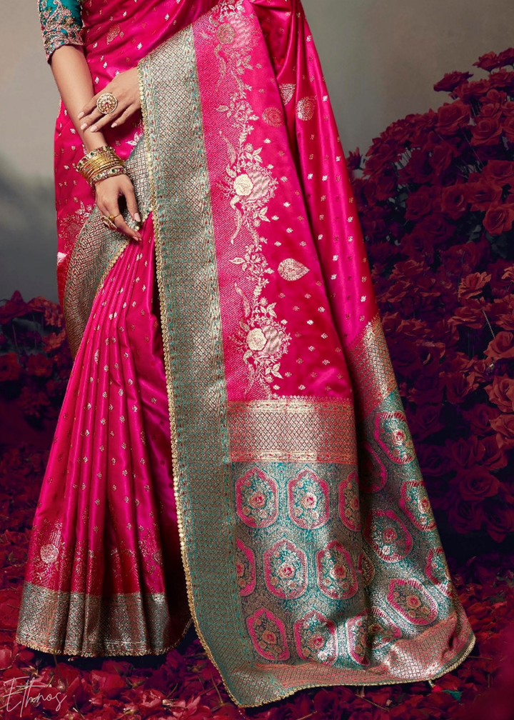Hot Pink Allover Floral Brocade Satin Silk Saree