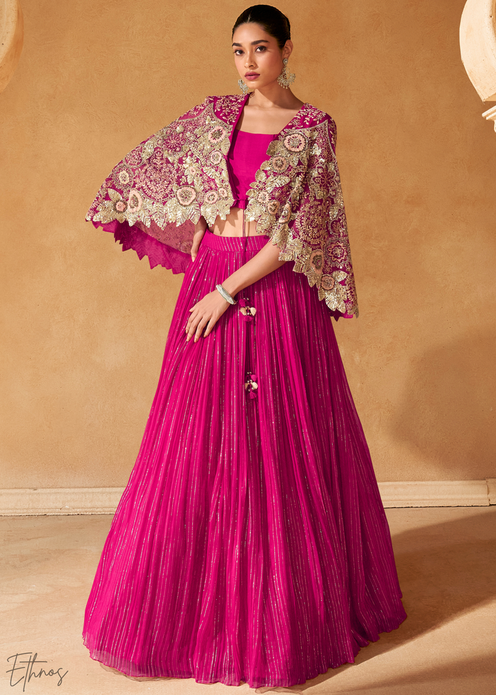 Hot Pink Chinon Shrug Skirt Set