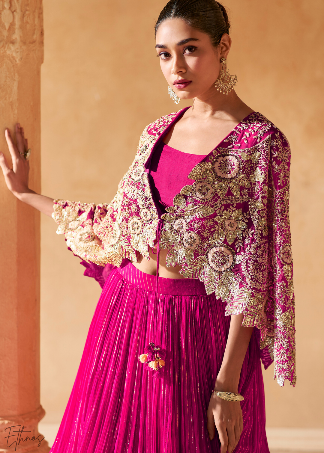 Hot Pink Chinon Shrug Skirt Set