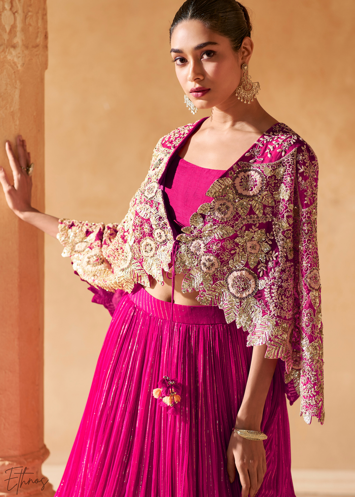 Hot Pink Chinon Shrug Skirt Set