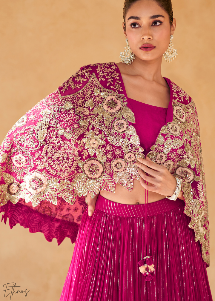 Hot Pink Chinon Shrug Skirt Set