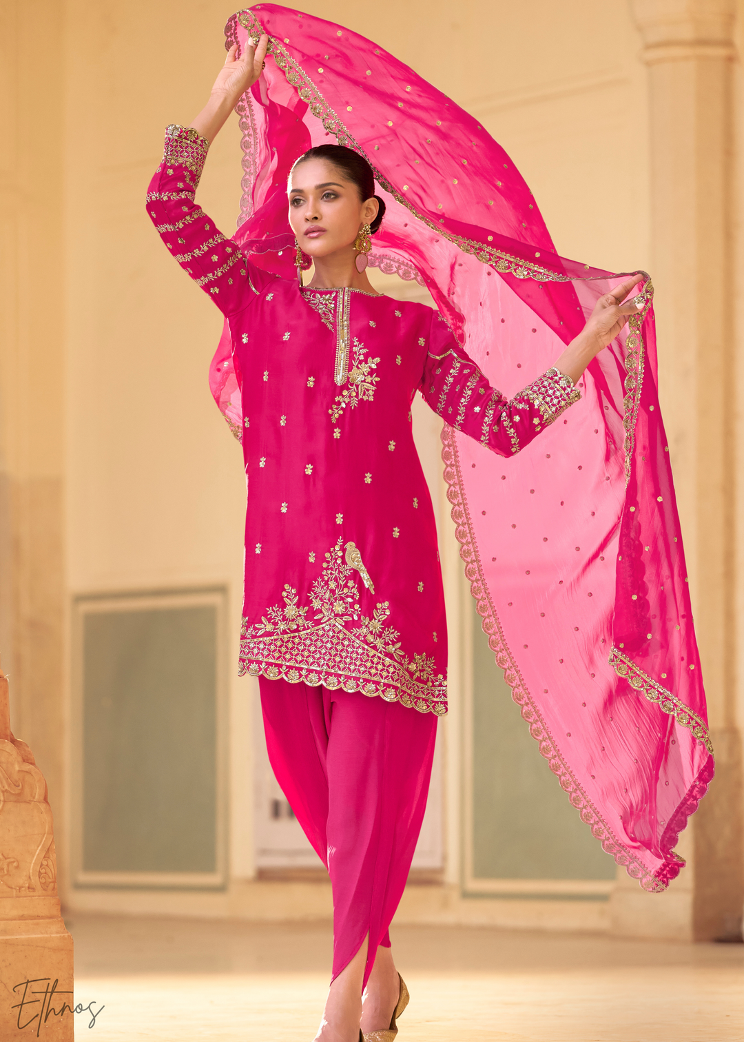 Hot Pink Crepe Silk  Dhoti Suit