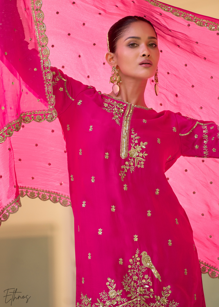 Hot Pink Crepe Silk  Dhoti Suit