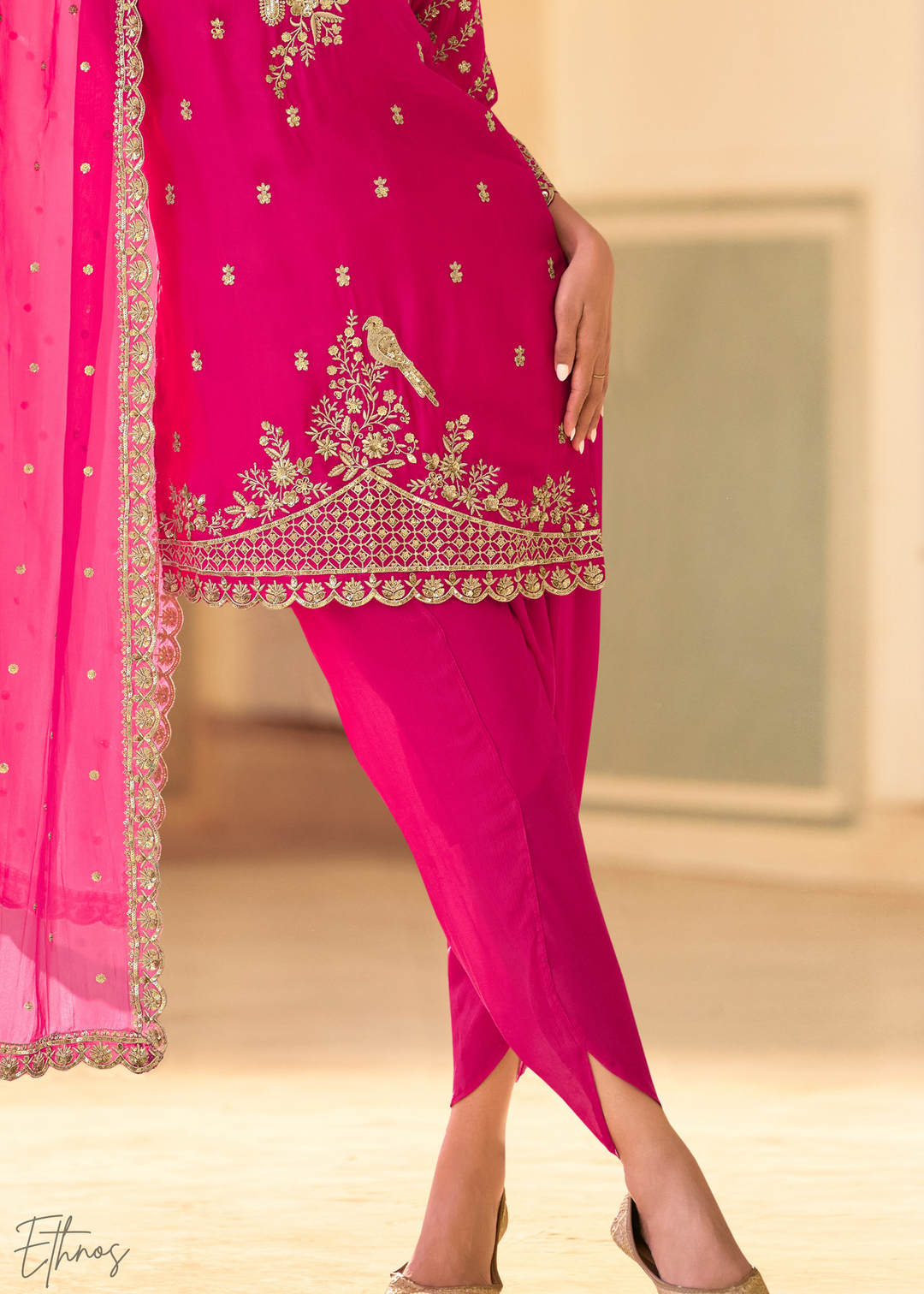 Hot Pink Crepe Silk  Dhoti Suit