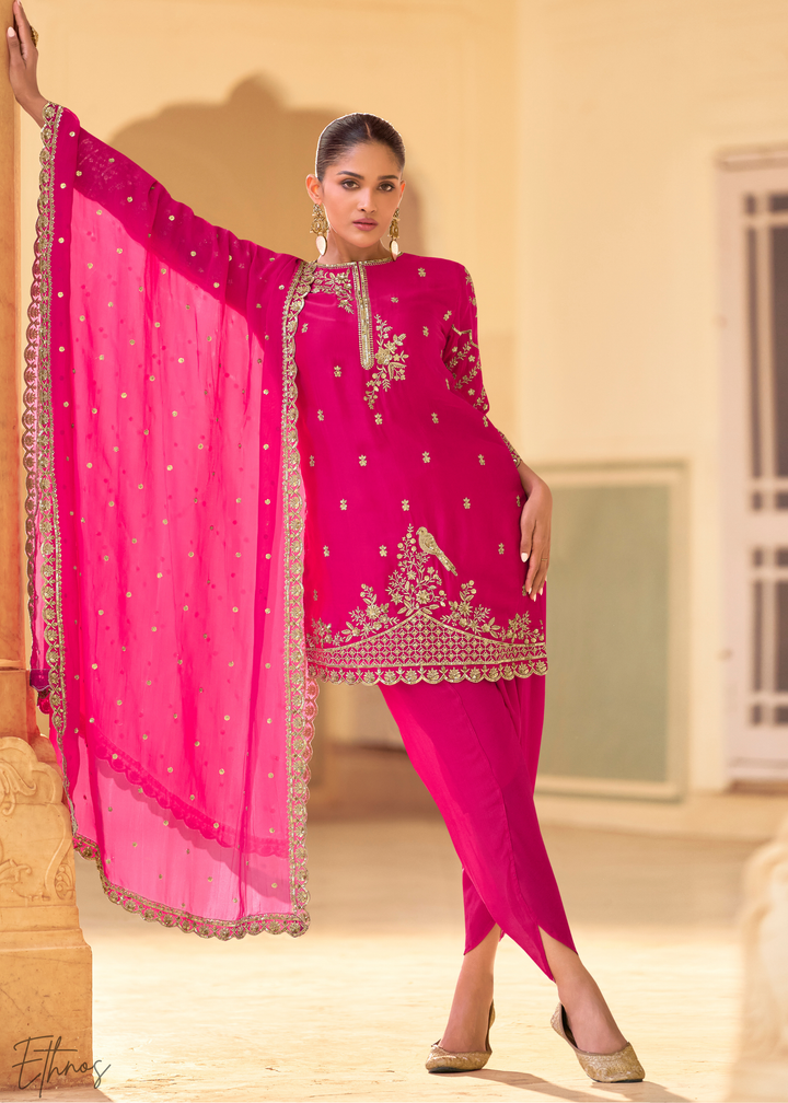 Hot Pink Crepe Silk  Dhoti Suit
