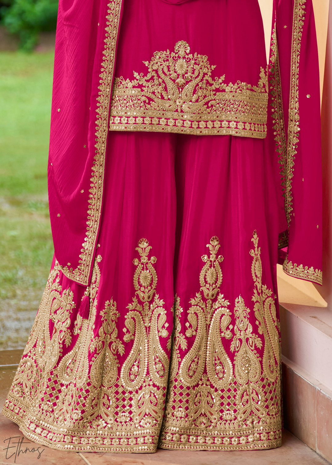 Hot Pink Embroidered Chinon Sharara Suit