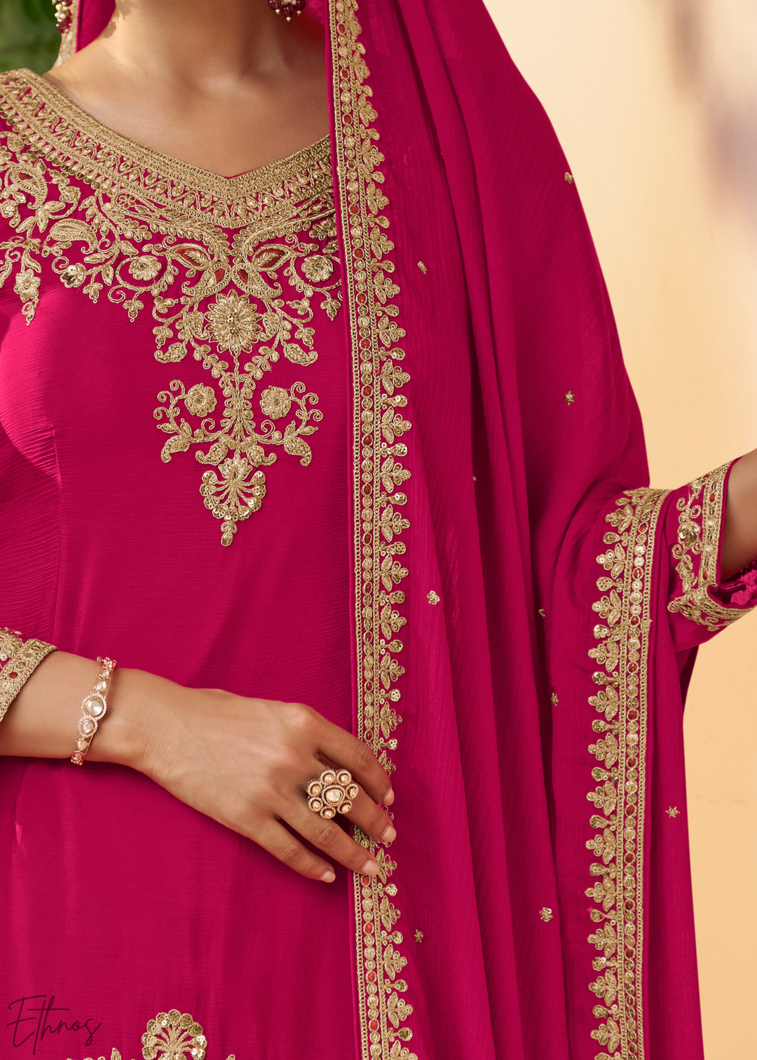 Hot Pink Embroidered Chinon Sharara Suit