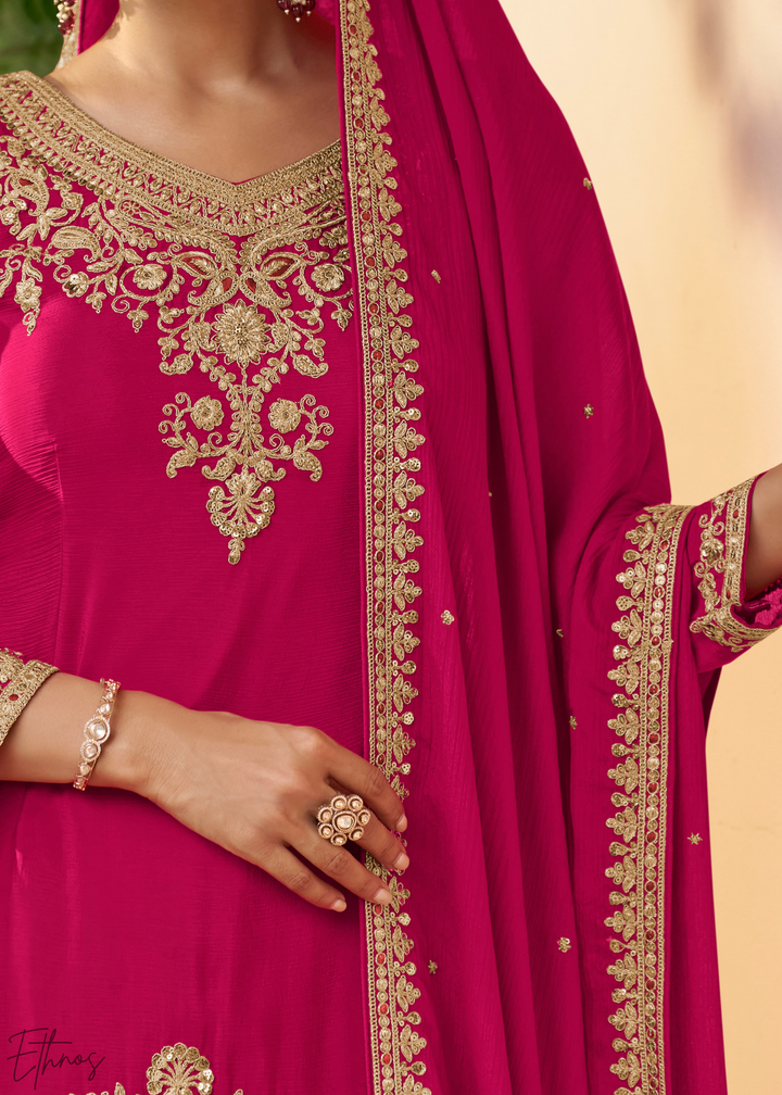 Hot Pink Embroidered Chinon Sharara Suit