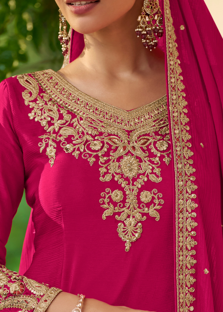Hot Pink Embroidered Chinon Sharara Suit
