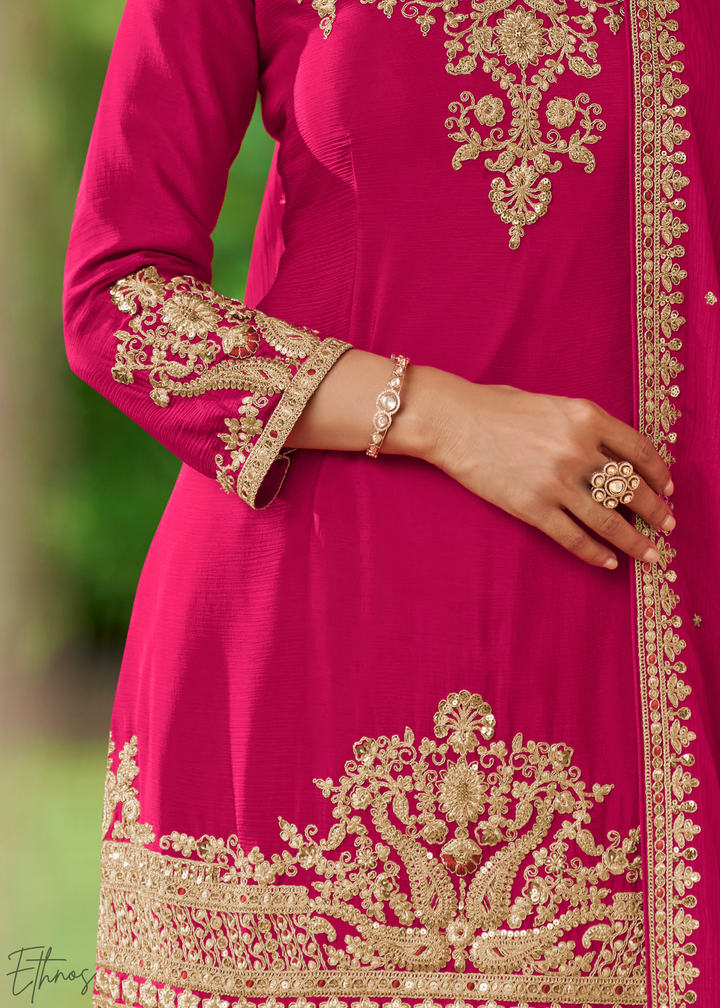 Hot Pink Embroidered Chinon Sharara Suit