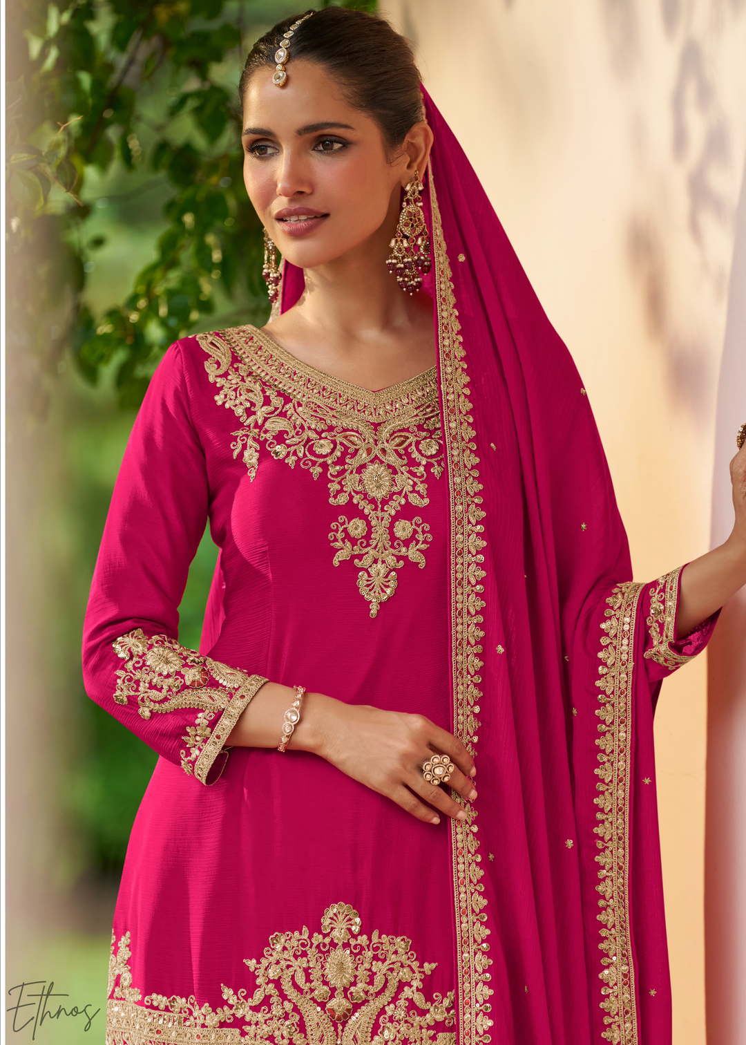 Hot Pink Embroidered Chinon Sharara Suit