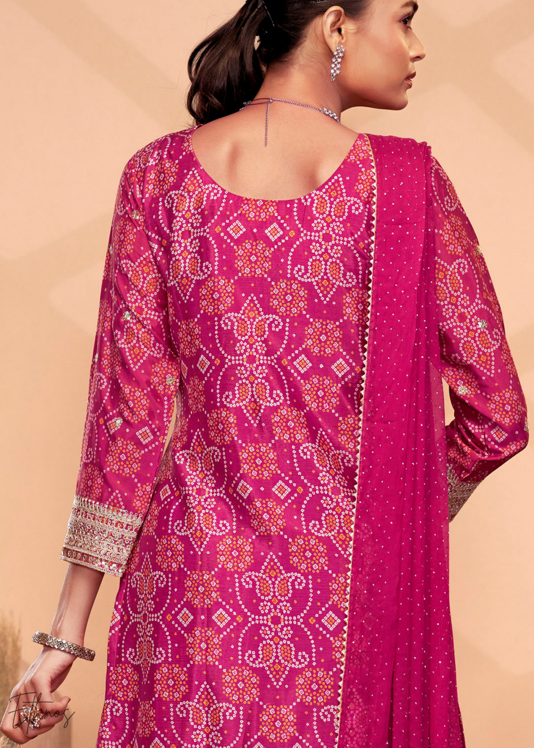 Hot Pink Embroidered Bandhani Chinon Palazzo Suit