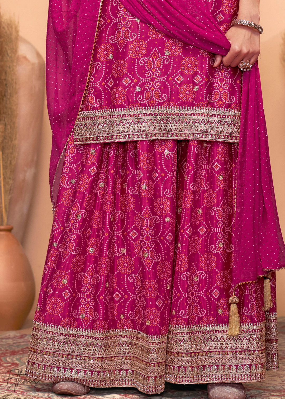 Hot Pink Embroidered Bandhani Chinon Palazzo Suit