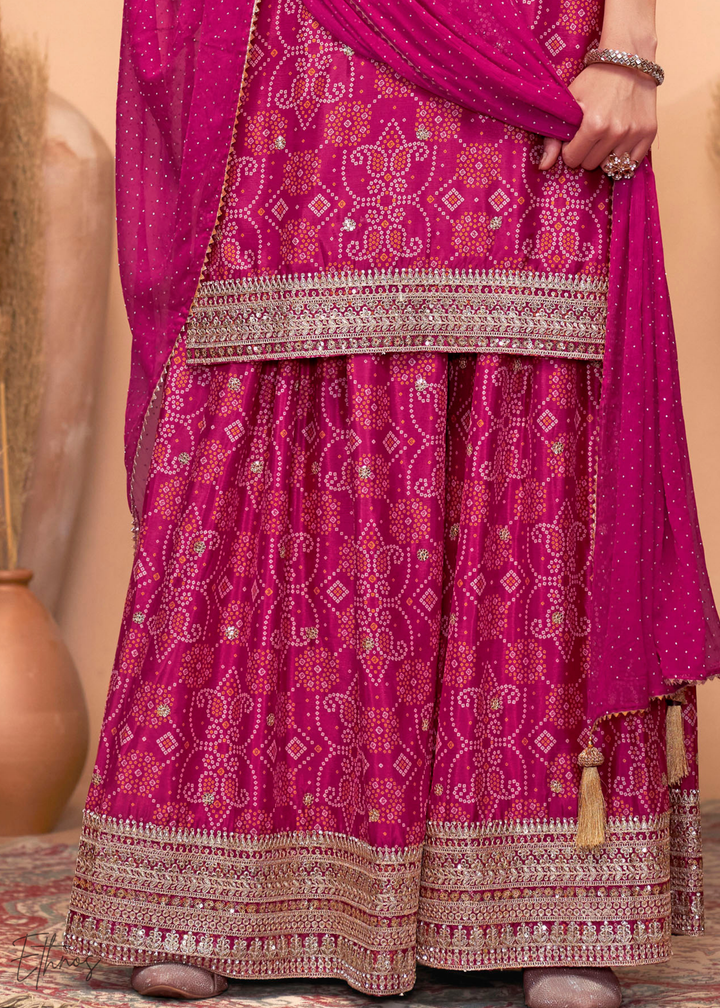 Hot Pink Embroidered Bandhani Chinon Palazzo Suit