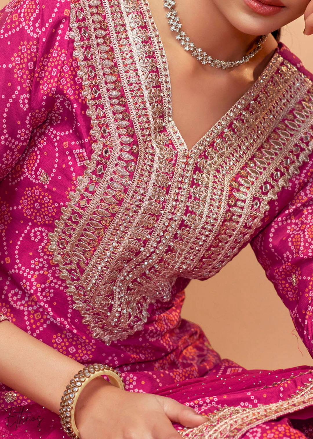 Hot Pink Embroidered Bandhani Chinon Palazzo Suit