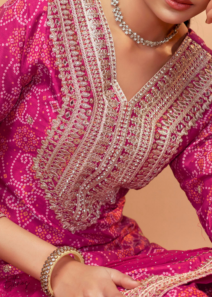 Hot Pink Embroidered Bandhani Chinon Palazzo Suit