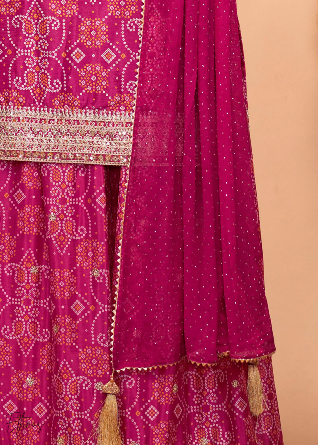 Hot Pink Embroidered Bandhani Chinon Palazzo Suit