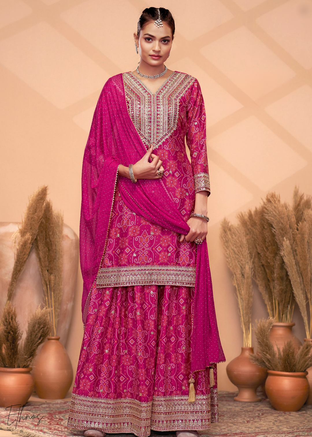 Hot Pink Embroidered Bandhani Chinon Palazzo Suit