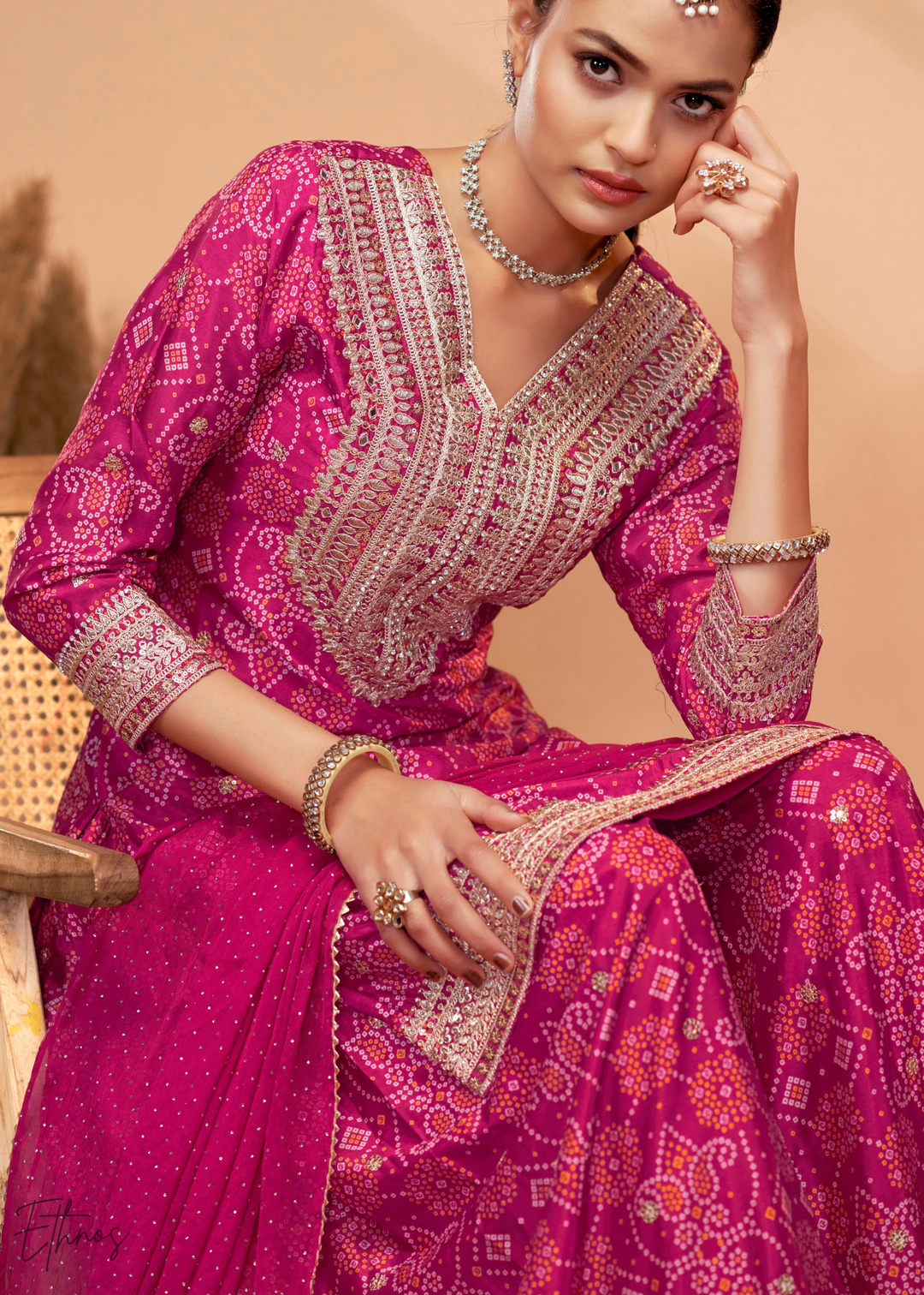 Hot Pink Embroidered Bandhani Chinon Palazzo Suit