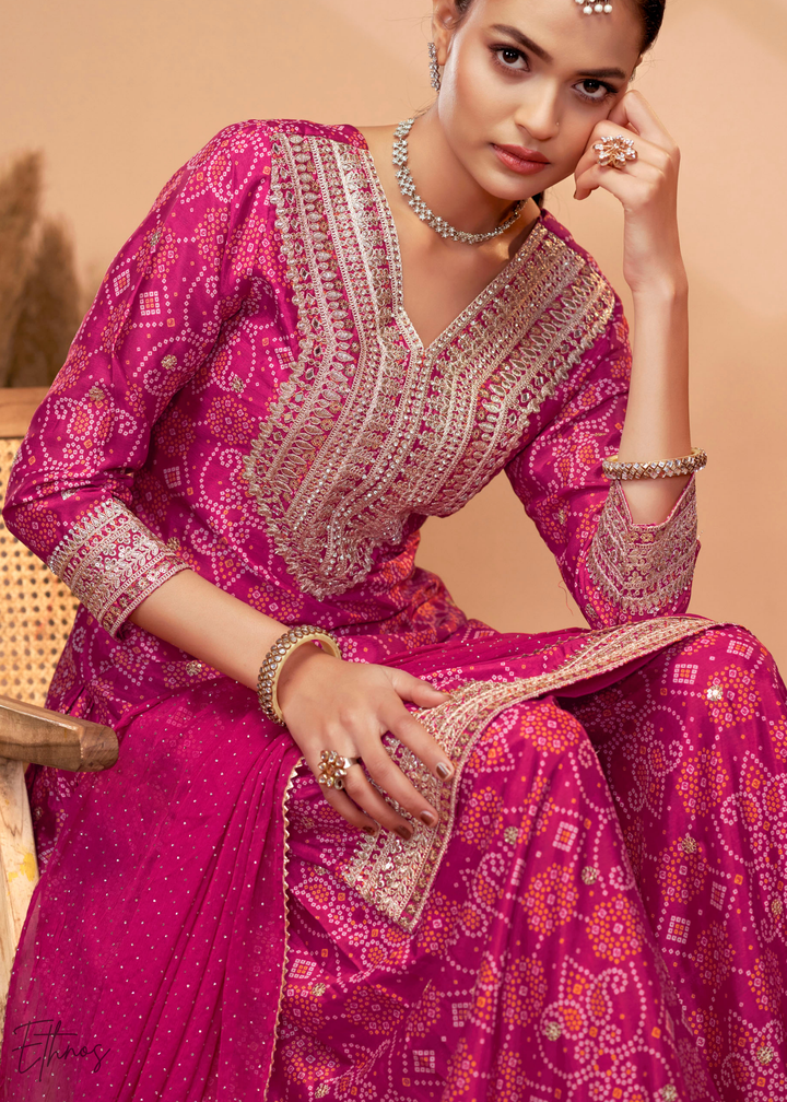 Hot Pink Embroidered Bandhani Chinon Palazzo Suit