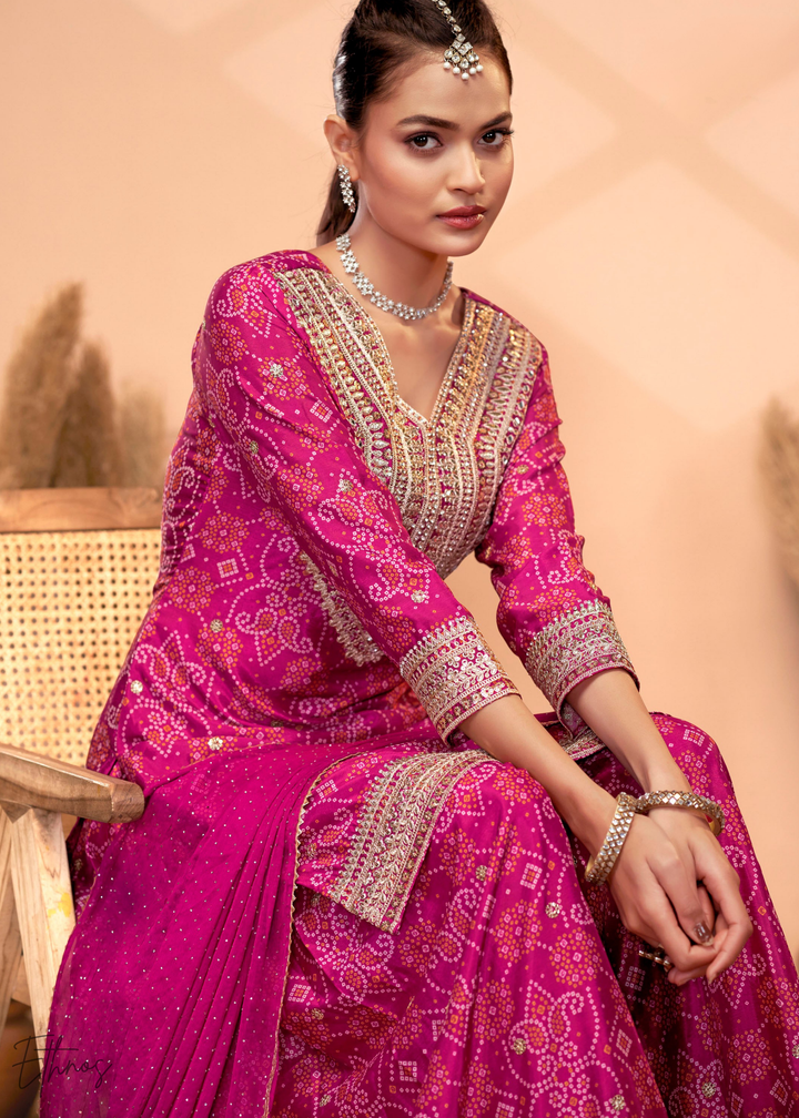 Hot Pink Embroidered Bandhani Chinon Palazzo Suit