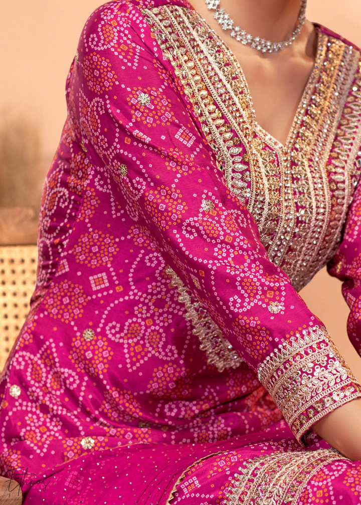 Hot Pink Embroidered Bandhani Chinon Palazzo Suit
